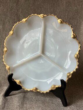 Vintage Anchor Hocking Milk Glass Relish Tray | 22K Gold Trim | Mid-Century